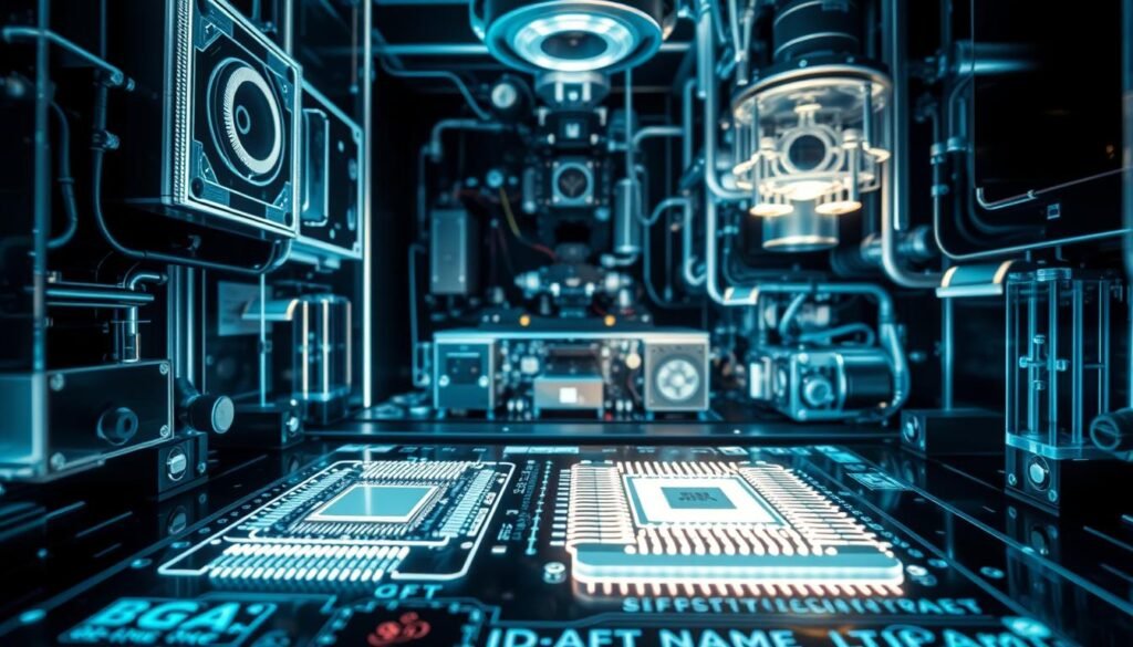 Detailed x-ray inspection technology showcasing the internal workings of Informic Electronics' state-of-the-art inspection system. In the foreground, a high-resolution x-ray sensor captures intricate solder joints on a BGA and QFN package. The middle ground reveals the precision control mechanisms and advanced imaging algorithms that analyze component integrity. In the background, a complex array of specialized x-ray tubes and collimators provide the necessary penetration and clarity for comprehensive inspection. The scene is bathed in a soft, technical glow, conveying the analytical and meticulous nature of this critical quality assurance process.