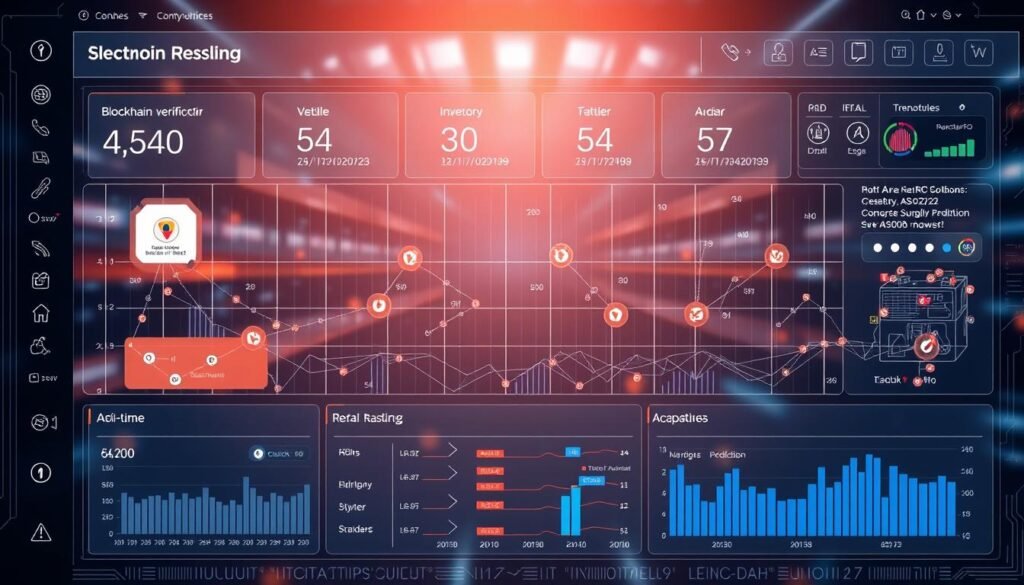 Digital supply chain management dashboard showing blockchain verification of components