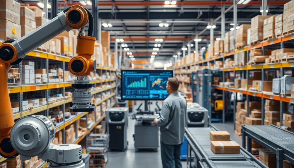 EMS supply chain technology with Informic Electronics equipment, showcasing an organized warehouse scene with rows of shelves stocked with electronic components and tools. The lighting is soft and evenly distributed, casting a professional, industrial atmosphere. In the foreground, a robotic arm handles parts with precision, while in the middle ground, a technician monitors a digital dashboard displaying real-time inventory and logistics data. In the background, a network of conveyor belts and automated packaging systems efficiently move products through the supply chain.