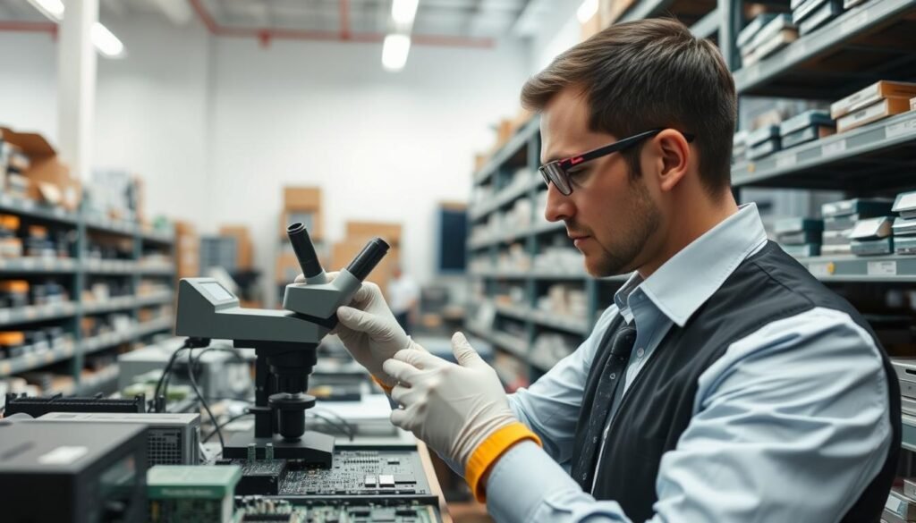 Electronic component broker examining microchips and circuit boards in a modern warehouse facility