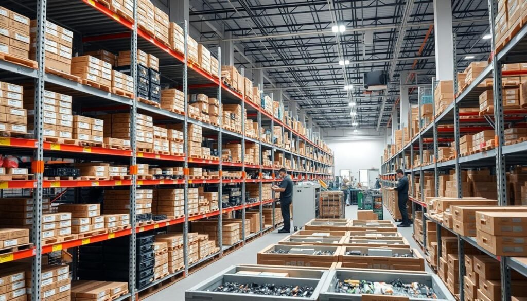 Electronic component distribution center with organized inventory shelves and workers