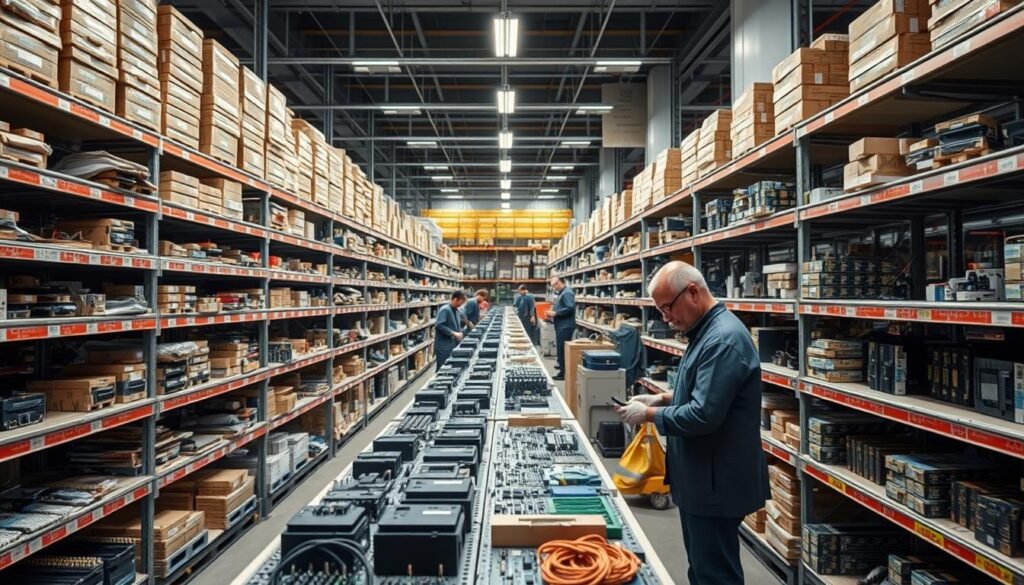 Electronic components supply chain showing warehouses, logistics, and quality control processes from an electronic components supplier