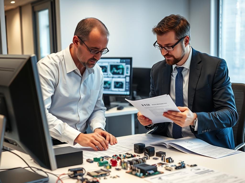 Electronics engineer consulting with a distributor representative about specialized components