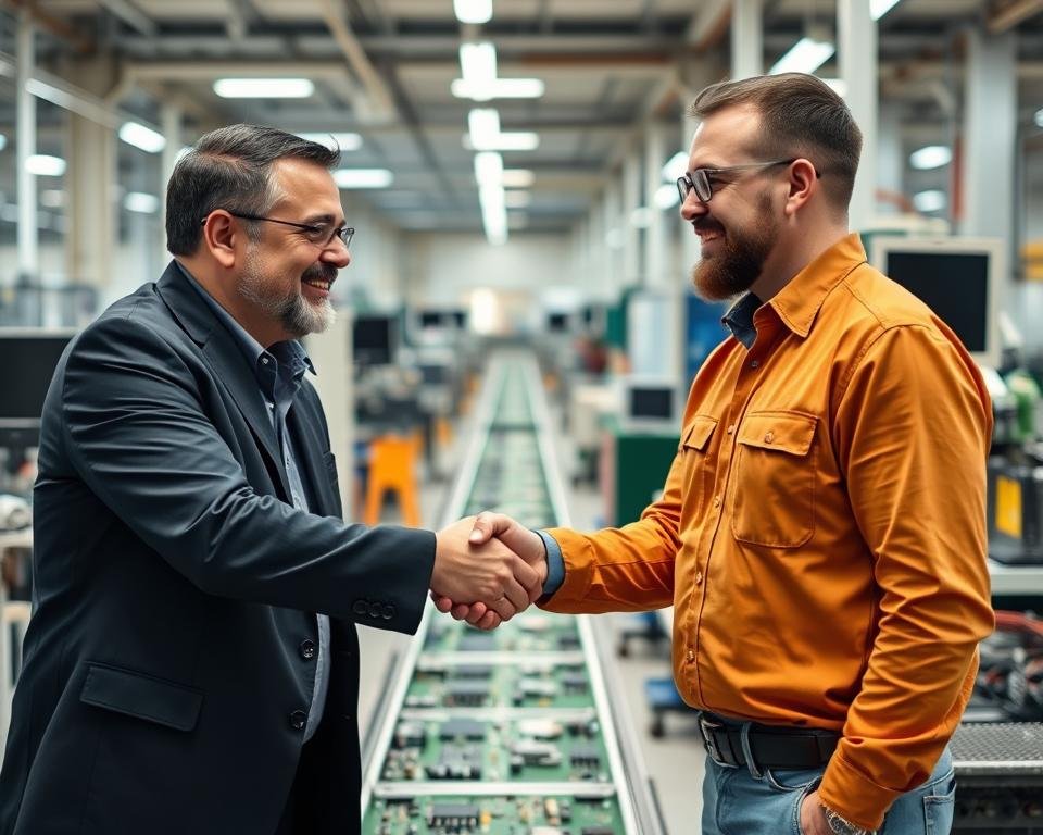 Electronics manufacturer and component broker shaking hands after successful partnership