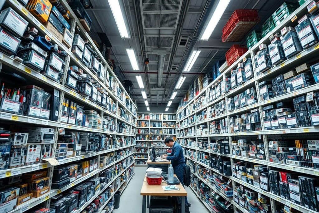 Extensive inventory of an electronic component shop showing organized shelves