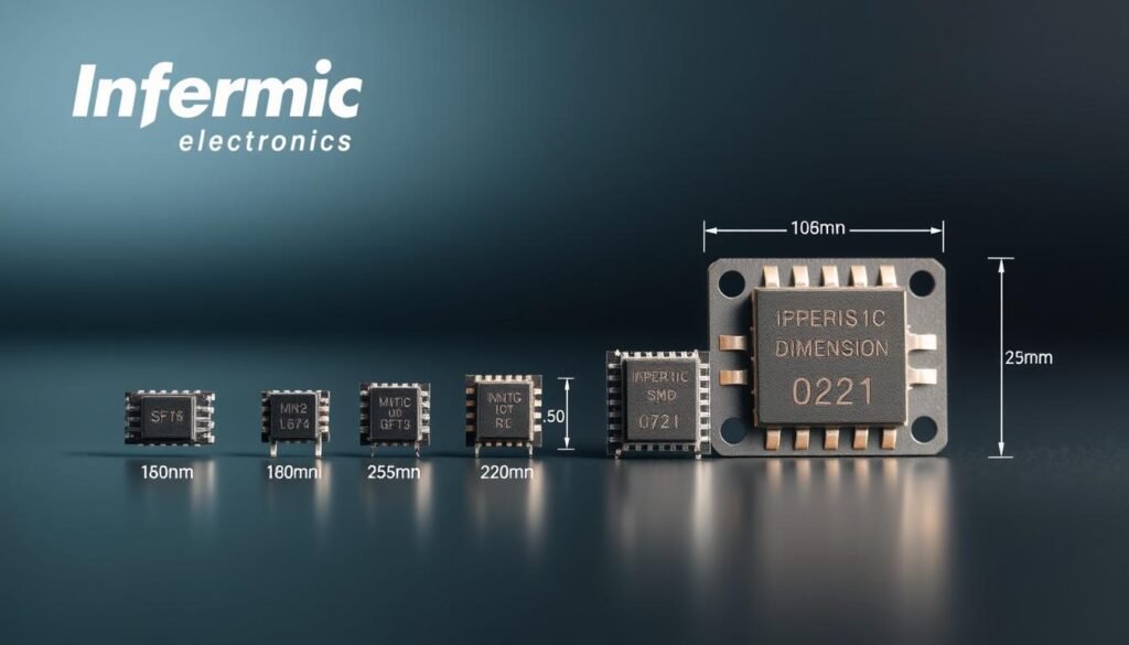 High-quality, detailed image of SMD component imperial and metric dimensions, showcased in a clear, informative manner. A precision macro shot displaying various SMD packages with their corresponding imperial and metric measurements, positioned against a sleek, modern background with a subtle gradient. The Informic Electronics brand logo is prominently featured, adding a professional touch. Crisp lighting, sharp focus, and a neutral color palette create a clean, technical aesthetic that effectively communicates the subject matter.