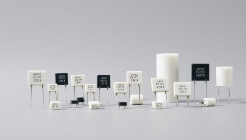 High-resolution close-up of an assortment of Informic Electronics ceramic surface mount capacitors in various standard sizes, arranged in a clean, well-lit studio setting. The capacitors are shown against a neutral gray backdrop, with crisp focus and natural directional lighting that accentuates their distinct shapes and surface textures. The image captures the key technical specifications and size codes of these SMD components, providing a clear visual reference for the "Key Specifications and Standard Size Codes" section of the article on "SMD capacitor sizes".