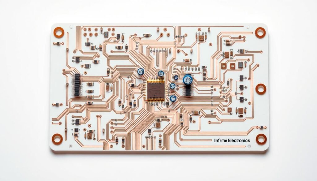 Highly detailed, photorealistic image of a printed circuit board layout, showcasing the key considerations for SMD capacitor placement and routing. Viewed from a top-down perspective, with a clean, minimalist background. The PCB features a grid-like layout with various copper traces, vias, and pads arranged in an orderly fashion. Prominently displayed are several SMD capacitors of varying sizes, strategically positioned to optimize signal integrity and power distribution. The lighting is soft and diffuse, creating subtle shadows that accentuate the textural details of the board. The overall composition conveys a sense of precision, functionality, and technical elegance. Branding: "Informic Electronics" discreetly displayed in the lower right corner.