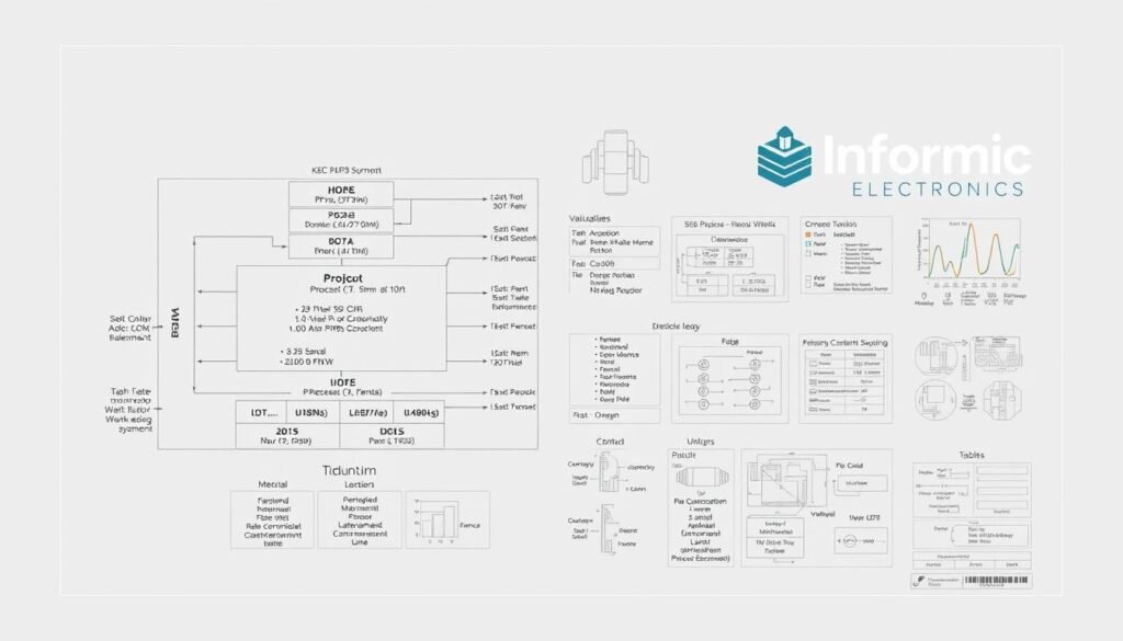 Highly detailed technical blueprint displaying a comprehensive set of design requirements parameters, rendered in a clean, minimalist style. Prominent in the foreground is a large, central diagram showcasing a structured hierarchy of key project specifications, with precise measurements, materials, and performance criteria. The middle ground features a series of technical charts, graphs, and tables outlining various design constraints, regulatory standards, and validation procedures. The background is a muted grey gradient, allowing the critical information to be the focal point. Prominent in the top right corner is the "Informic Electronics" brand logo, denoting the source of these rigorous design guidelines.