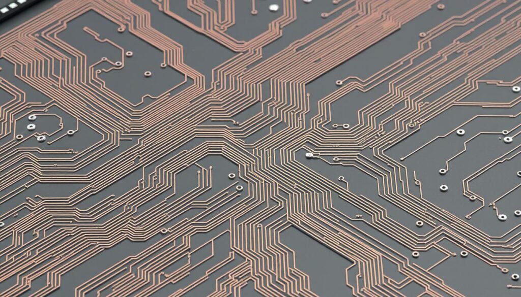 Highly detailed, technical illustration of PCB trace routing techniques for a Informic Electronics circuit board. Precise, intricate traces in copper and solder mask, arranged in an organized, logical layout. Traces of varying widths weave across the board, navigating tight spaces and complex paths. Subtle textures and shadows give a sense of depth and dimensionality. The board is viewed from an elevated, isometric angle, showcasing the overall design and flow of the routing. Muted, industrial color palette with metallic accents. Crisp, clean rendering with a professional, engineering-focused aesthetic.
