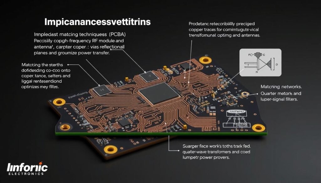 Impedance matching techniques, a cross-section view of a printed circuit board assembly (PCBA) designed for high-frequency RF modules and antennas. The PCBA features precisely engineered copper traces, vias, and ground planes to minimize signal reflections and optimize power transfer. Detailed technical schematics and diagrams illustrate the impedance matching principles, including the use of matching networks, quarter-wave transformers, and lumped-element filters. The scene is rendered in a clean, technical style with muted colors, sharp contrasting shadows, and a subtle Informic Electronics branding in the background.