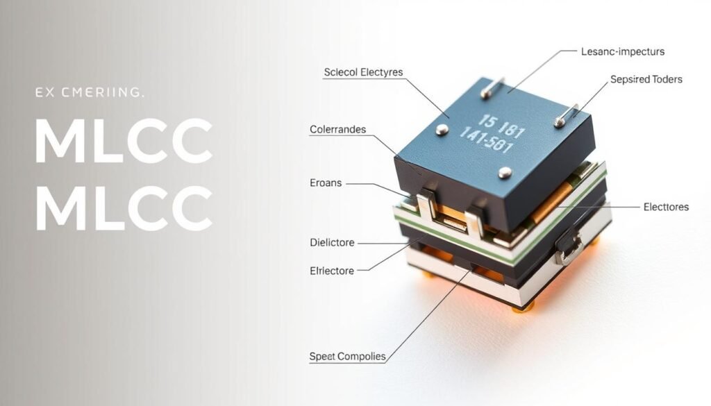 Informic Electronics MLCC Specifications: A detailed technical illustration showcasing the intricate design and components of a multilayer ceramic capacitor (MLCC). Crisp high-resolution photograph captured with a premium DSLR camera and macro lens, highlighting the precise layering, electrodes, and dielectric materials. Warm, neutral lighting accentuates the technical details, while a clean white background allows the MLCC to stand out prominently. Showcasing the engineering excellence of Informic Electronics' MLCC products, this image serves as a visual reference for the "Technical Specifications and Design Considerations" section of the article on "capacitor ceramic 100nf."