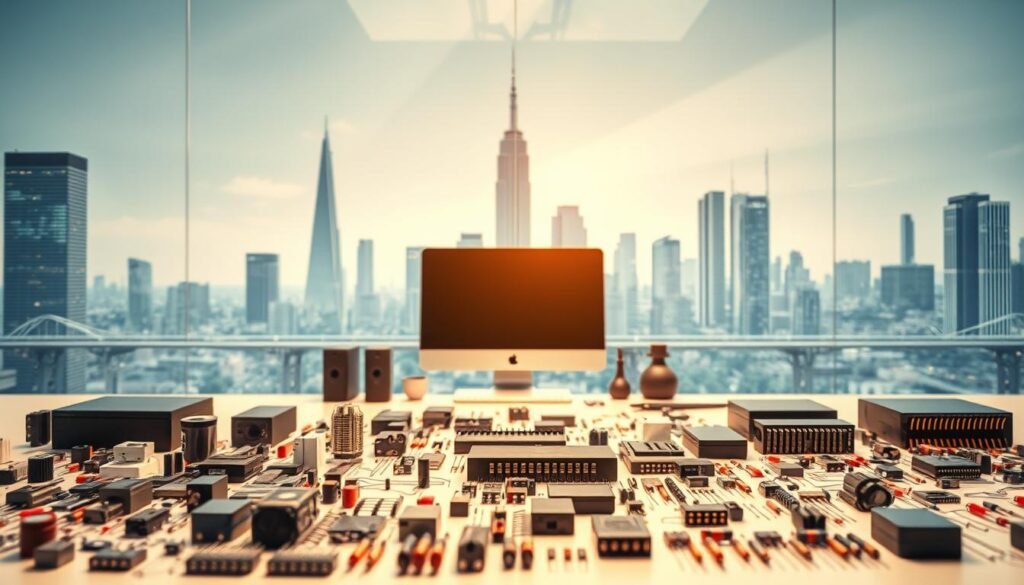 Informic Electronics - a well-known and reliable electronic component supplier, showcased against a clean, modern backdrop. In the foreground, a diverse array of electronic parts, capacitors, resistors, and integrated circuits are neatly arranged, conveying a sense of order and precision. The middle ground features a sleek, minimalist workspace with a computer monitor and various tools, hinting at the technical expertise behind the supplier's operations. In the background, a cityscape with towering skyscrapers and a vibrant, bustling atmosphere sets the stage, symbolizing the supplier's global reach and commitment to serving a wide customer base. Warm, directional lighting accentuates the details, creating a professional, high-quality impression.