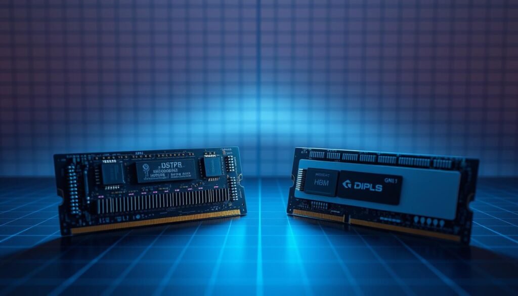 Informic Electronics' high-resolution visual comparison of High-Bandwidth Memory (HBM) and Double Data Rate (DDR) memory architectures. Showcased in a sleek, technical layout with minimalist design. HBM modules and DDR DIMMs stand side-by-side, illuminated by cool, directional lighting that highlights their intricate components and heat sinks. The background features a subtle grid pattern, hinting at the complex circuitry and signaling within these advanced memory systems. The overall mood is one of scientific inquiry and technological innovation, inviting the viewer to explore the performance differences between these cutting-edge memory technologies.