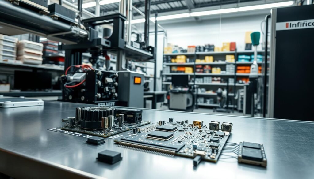 Informic Electronics manufacturing facility, machinery and components in a state-of-the-art laboratory setting. Intricate circuits and microchips laid out on a sleek, metallic workbench under bright, diffused lighting. In the background, shelves stocked with a diverse array of electronic parts and alternative sourcing solutions. A focused, problem-solving atmosphere conveys the challenge of addressing component shortages. Crisp, high-resolution details showcase the precision engineering involved in implementing alternative sourcing strategies.