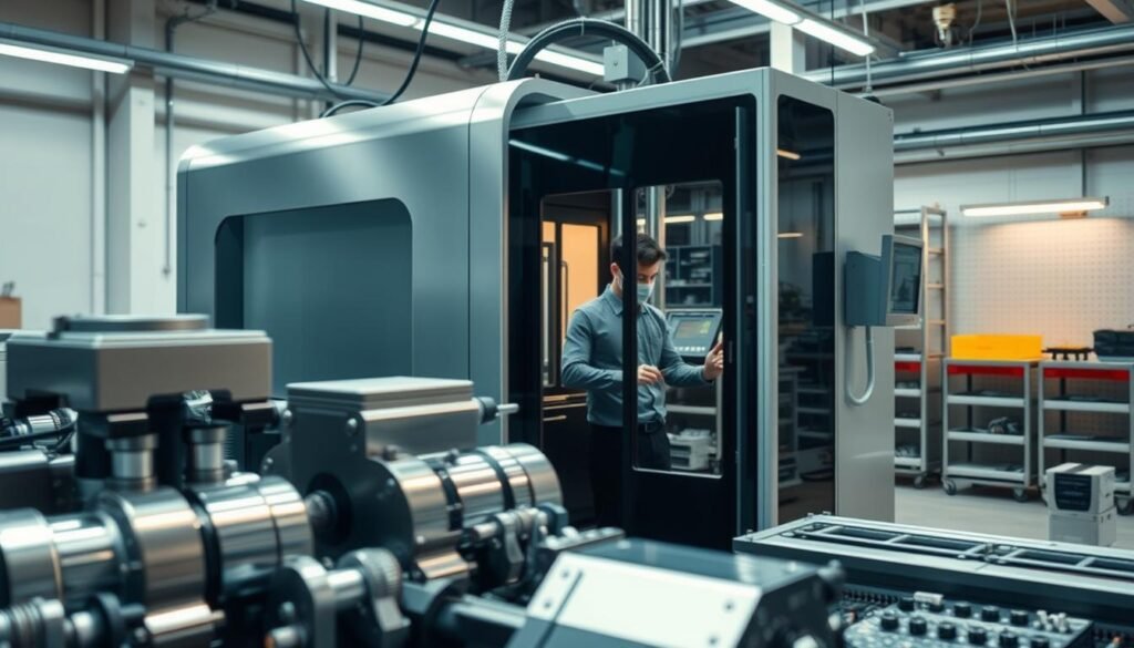 Informic Electronics press system installation time savings: A sleek, modern machine press in a well-lit industrial setting. Gleaming silver components and intricate mechanisms fill the foreground, conveying precision engineering. In the middle ground, a technician in a crisp, protective uniform expertly operates the controls, demonstrating the effortless speed and efficiency of the press system. The background features a clean, organized workshop with orderly racks of parts and tools, creating an atmosphere of professionalism and technological sophistication. Soft, directional lighting casts dramatic shadows, emphasizing the system's power and capabilities. The overall scene conveys the time-saving advantages of Informic Electronics' innovative press technology.