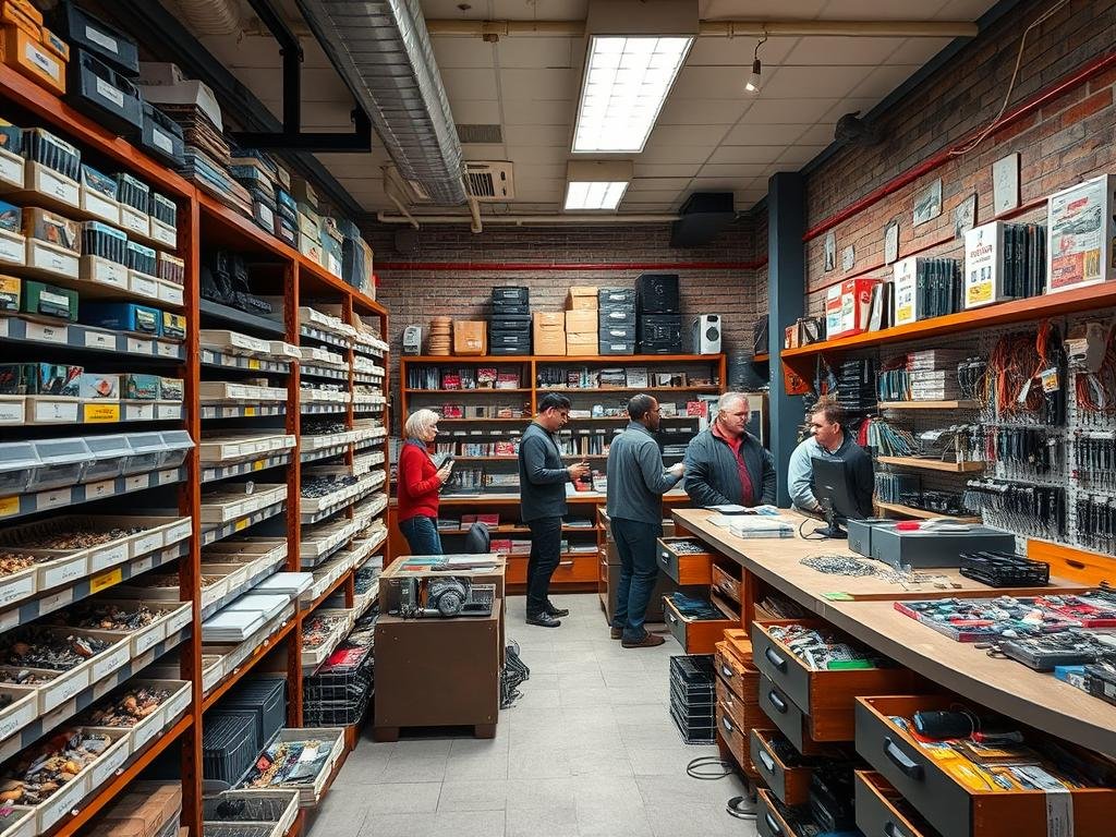 Interior of a physical electronic component shop with shelves of components