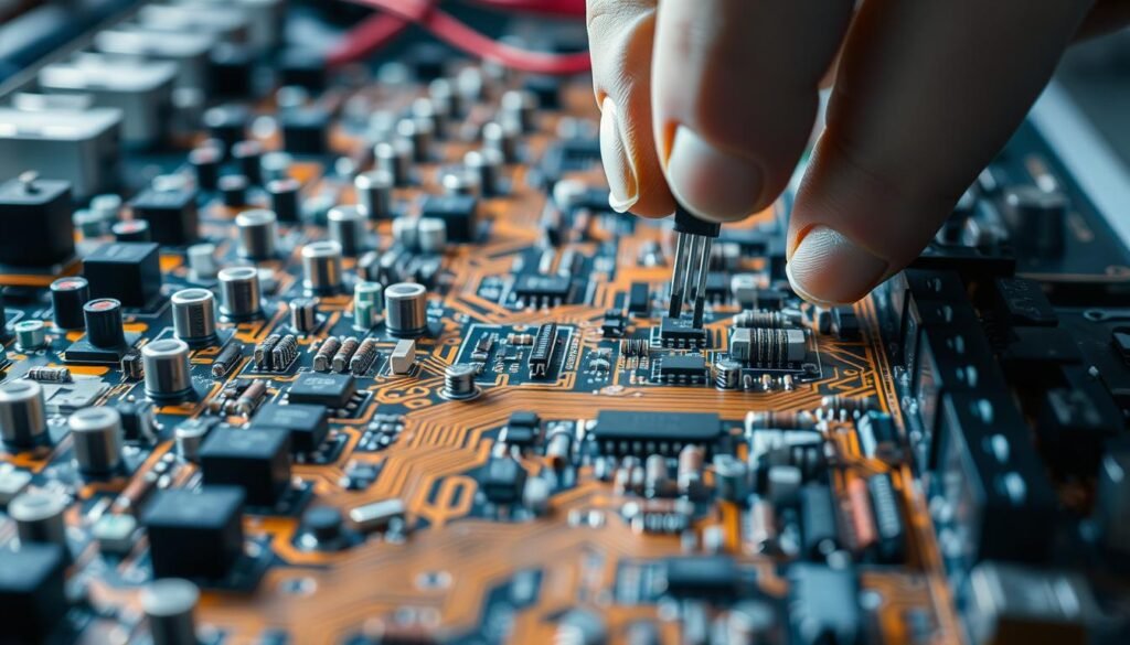 Intricate circuit board assembly, meticulously crafted by skilled technicians at Informic Electronics. Rows of precisely placed surface mount components, their geometric shapes and metallic leads glistening under bright studio lighting. Delicate hands deftly maneuvering tiny parts, aligning them with surgical precision on the copper traces. Tidy arrays of resistors, capacitors, and integrated circuits, their arrangement a visual symphony of engineering excellence. A captivating close-up view, showcasing the technical mastery required for modern PCB assembly. Crisp, high-resolution details reveal the complexity of this critical stage in electronics manufacturing.
