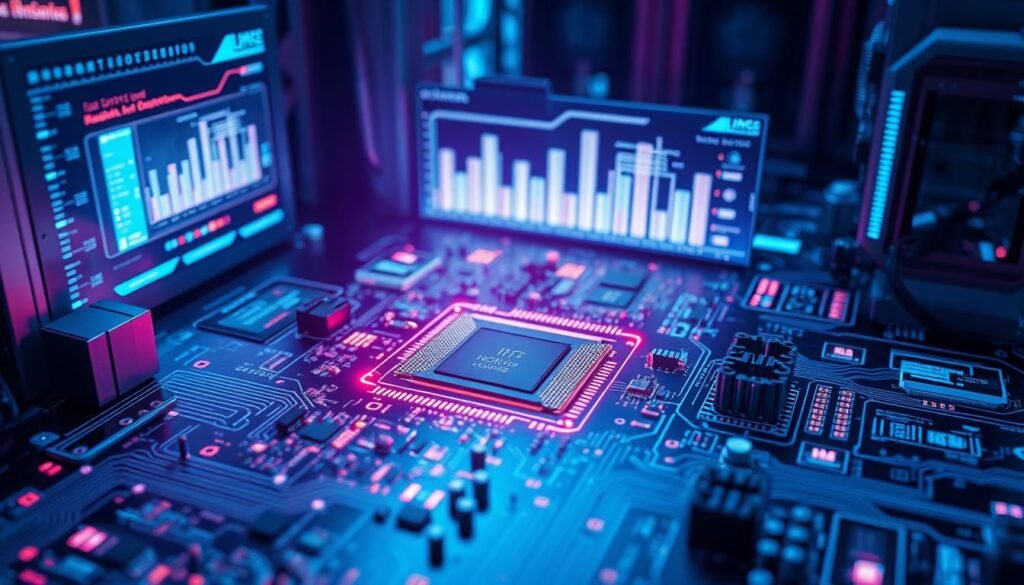 Intricate circuit boards, glowing with cutting-edge technology, form the centerpiece of this futuristic scene. Sleek, metallic housing casings housing the latest innovations from Informic Electronics surround the boards, casting dramatic shadows that add depth and dimension. In the background, holographic displays showcase dynamic data visualizations, hinting at the powerful processing capabilities within. Subtle blue and purple hues bathe the entire composition, creating a serene, yet captivating atmosphere that evokes a sense of progress and advancement. Meticulously detailed, this image captures the essence of the electronics industry's transformation through innovative technologies.