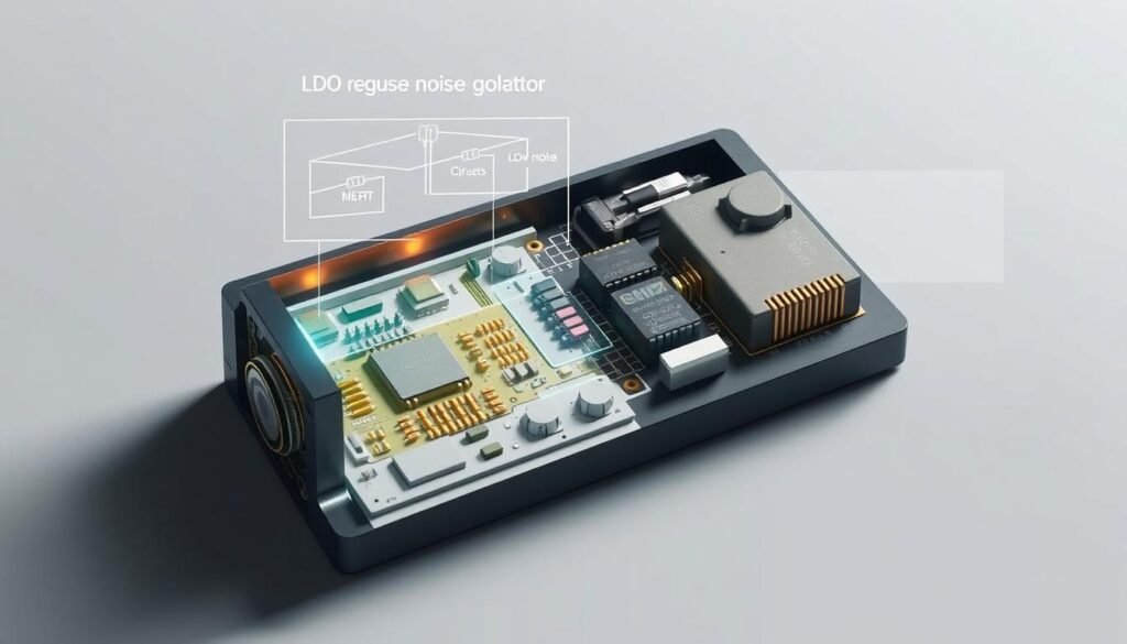 Ldo regulator noise performance, a technical illustration for Informic Electronics. A detailed cutaway view showcases the internal components of an LDO regulator, with a focus on the noise-reducing circuitry. Precise engineering schematics, rendered in a clean, technical style, highlight the low-noise signal paths and filtering mechanisms. Soft, directional lighting casts subtle shadows, emphasizing the precision and complexity of the design. The overall mood is one of technical sophistication and attention to detail, befitting the high-performance nature of Informic's LDO regulators.