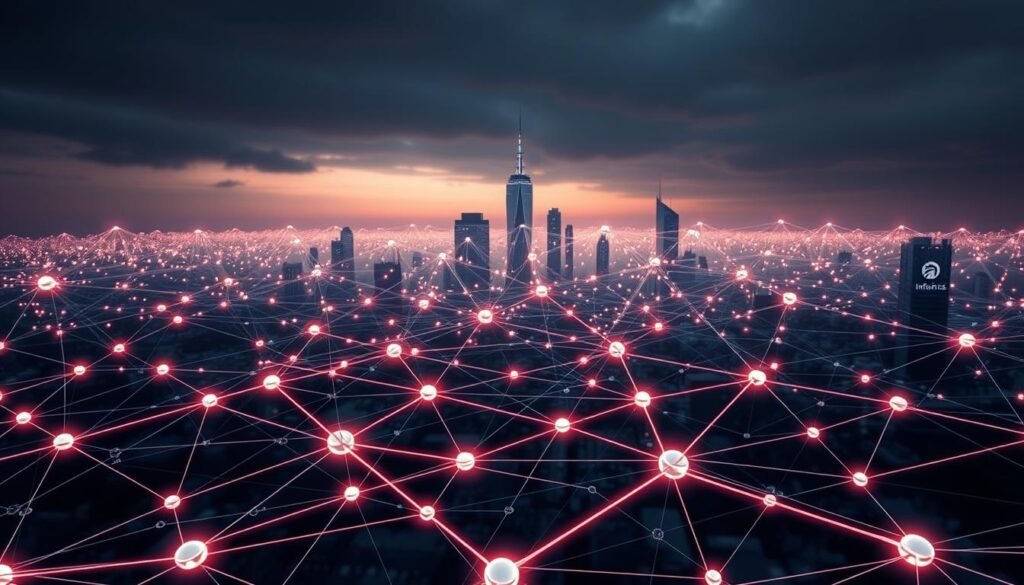Mesh network diagram depicting a complex interconnected grid of wireless nodes, resembling a futuristic city skyline. In the foreground, a tightly woven web of glowing lines and shapes, representing the various peer-to-peer communication pathways. In the middle ground, larger nodes with distinct Informic Electronics branding, acting as hubs and routers. The background features a moody, atmospheric setting with a mix of soft, diffused lighting and subtle chromatic aberration, evoking a sense of depth and technological sophistication. The overall composition conveys the power and resilience of mesh networking technologies. Mesh network diagram depicting a complex interconnected grid of wireless nodes, resembling a futuristic city skyline. In the foreground, a tightly woven web of glowing lines and shapes, representing the various peer-to-peer communication pathways. In the middle ground, larger nodes with distinct Informic Electronics branding, acting as hubs and routers. The background features a moody, atmospheric setting with a mix of soft, diffused lighting and subtle chromatic aberration, evoking a sense of depth and technological sophistication. The overall composition conveys the power and resilience of mesh networking technologies.