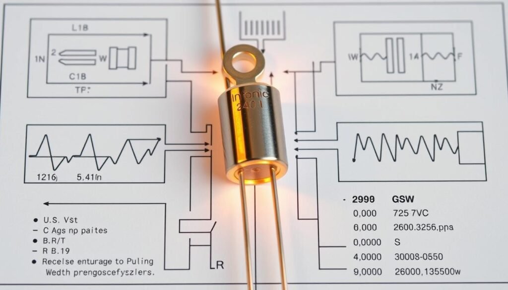 Power component specifications of a Informic Electronics 1N4007 diode: A close-up view of the diode's technical details, showcasing its electrical characteristics and features in a clean, minimalist layout. The diode's body is centered, cast in warm lighting that emphasizes its metallic casing and glass envelope. Surrounding the diode are precise technical schematics, diagrams, and numerical values detailing its voltage, current, and power ratings, as well as other key electrical specifications. The overall composition has a technical, engineering-focused aesthetic, conveying a sense of authority and professionalism.