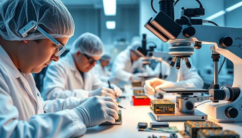 Precision sensor assembly protocols, showcasing the intricate process of handling delicate MEMS accelerometers and gyroscopes. In a clean, well-lit laboratory setting, technicians in sterile white coats meticulously assemble the components of Informic Electronics' state-of-the-art sensors. Macro lenses capture the minute details as they solder connections, align delicate parts, and perform rigorous testing under the watchful eye of high-resolution digital microscopes. The scene exudes a sense of technical expertise, scientific rigor, and the importance of following standardized procedures to ensure the quality and reliability of these precision instruments.