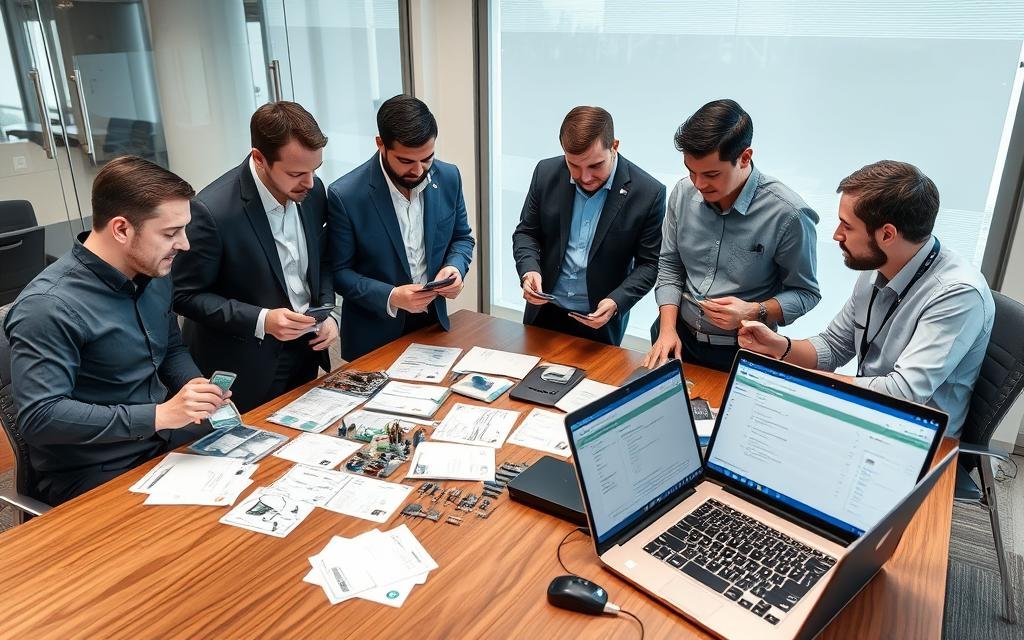 Procurement team reviewing electronic component samples and documentation from multiple brokers