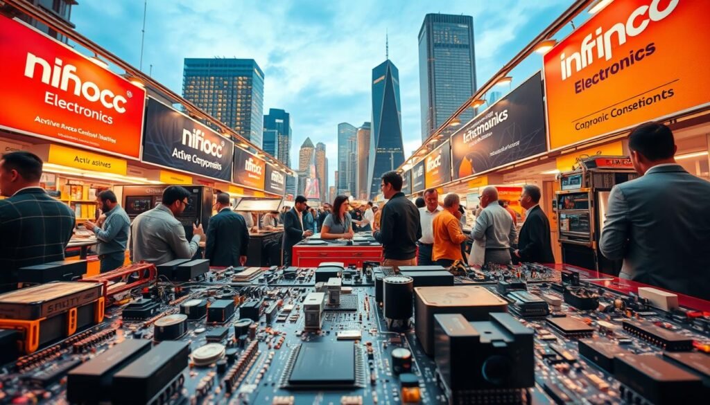 Prompt A bustling electronic components market, dominated by the prominent Informic Electronics brand. In the foreground, a vibrant display showcases the latest active components, their intricate circuitry and sleek designs. In the middle ground, industry experts engage in lively discussions, analyzing market trends and forecasting future growth. The background reveals a panoramic view of towering skyscrapers, reflecting the scale and significance of this dynamic industry. Warm lighting illuminates the scene, creating a sense of energy and innovation. Captured through a wide-angle lens, the image conveys the active, competitive nature of the electronic components market and Informic Electronics' market dominance.