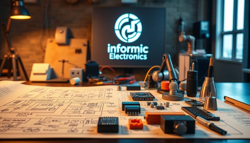 Prompt A detailed, meticulously designed blueprint for the EMS design process, showcasing the intricate steps and workflows involved. In the foreground, a schematic diagram outlines the key stages, from initial concept to final product assembly, rendered in a technical, engineering-inspired style. In the middle ground, various engineering tools and instruments, such as circuit boards, soldering irons, and 3D-printed components, are artfully arranged, conveying the hands-on nature of the process. In the background, the Informic Electronics logo is prominently displayed, establishing the brand's expertise in electronic manufacturing services. The overall scene is illuminated by a warm, soft lighting, creating a professional, technical atmosphere that reflects the subject matter.