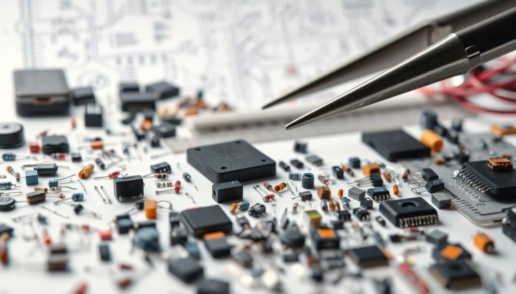 Prompt A high-resolution, close-up view of the Informic Electronics SMD component selection process. In the foreground, a variety of tiny surface-mount electronic components - resistors, capacitors, ICs, and more - are neatly arranged on a clean, well-lit workspace. In the middle ground, a set of precision tweezers and a small ruler provide scale and a sense of the tiny scale of these parts. In the background, a blurred image of an engineering schematic or circuit diagram hints at the intended application. The lighting is soft and diffuse, creating a sense of focus and clarity on the components themselves. The overall mood is one of precision, attention to detail, and the careful curation of the right parts for the job.