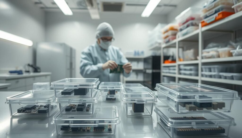 Prompt A pristine laboratory workspace, bathed in soft, diffused lighting. In the foreground, a collection of transparent, antistatic Informic Electronics storage containers hold integrated circuits and other delicate electronic components. The containers are arranged neatly, their contents visible through the clear plastic. In the middle ground, an engineer in a clean-room suit carefully handles a circuit board, using specialized tools and tweezers to avoid electrostatic discharge. The background showcases rows of shelves stocked with additional storage solutions, including ESD-safe bags and trays, conveying a sense of organization and attention to detail essential for protecting sensitive electronics.