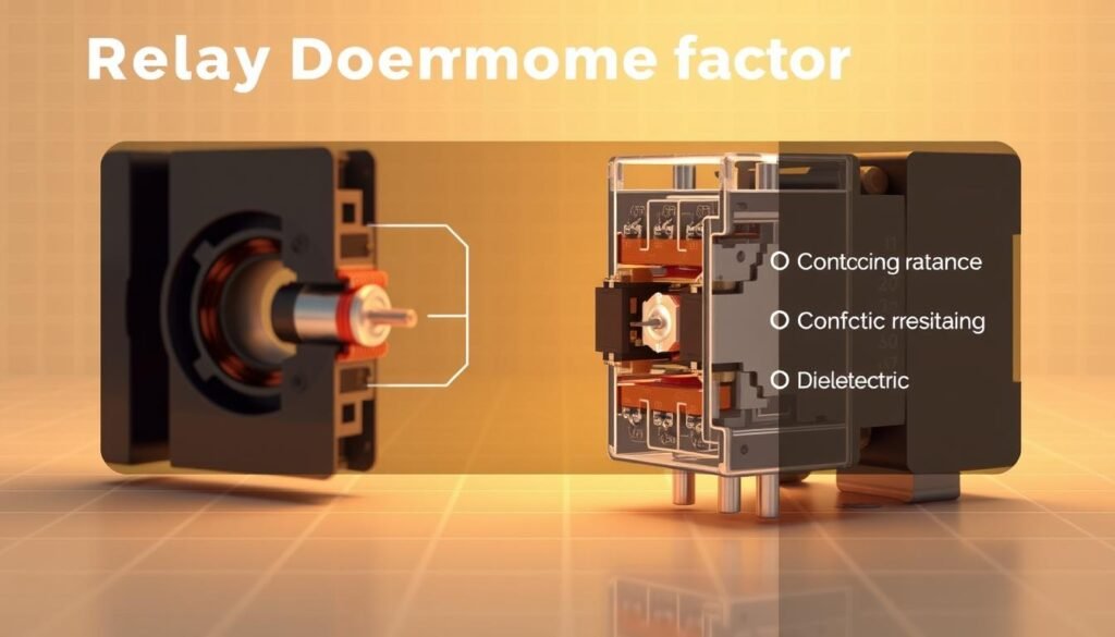 Relay performance factors: a technical illustration showcasing the intricate components and operational dynamics of the Informic Electronics power switching relay. Crisp, high-resolution render with a clean, minimalist aesthetic. Foreground depicts the relay's internal structure, including the electromagnetic coil, contact points, and mechanical actuator. Midground highlights key performance metrics like switching speed, contact resistance, and dielectric strength. Background features a subtle grid pattern, emphasizing the relay's role in precise power control and distribution. Warm, diffused lighting accentuates the sleek, metallic surfaces. Camera angle positioned to provide an informative, cross-sectional view, inviting the viewer to explore the relay's inner workings.