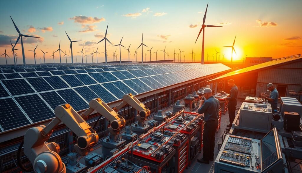 Renewable energy in manufacturing: a Informic Electronics factory set against a backdrop of wind turbines and solar panels, bathed in warm, golden light from a setting sun. Vast arrays of photovoltaic cells cover the factory roof, powering the production lines within. In the foreground, robotic arms assemble circuit boards and components with precision, while workers monitor the process on digital dashboards. The scene conveys a sense of clean, sustainable industry, where advanced technology and renewable energy work in harmony to create the next generation of electronics.