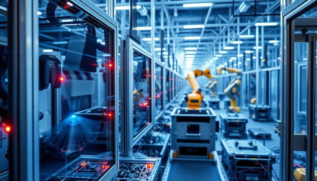 Robotic vision systems in the Informic Electronics assembly line, encased in sleek, metallic frames. Precisely calibrated cameras and sensors scan every inch, analyzing components and detecting flaws with unparalleled accuracy. Bright LED indicators flash, guiding the assembly process as robotic arms deftly manipulate delicate electronic parts. The factory floor is bathed in a cool, blue-tinged light, creating an atmosphere of advanced technology and precision engineering. In the background, robotic transport systems ferry completed modules to the next stage, seamlessly integrating the various automation systems that drive the Informic Electronics assembly process.