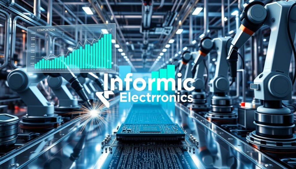 Sleek data visualizations and dynamic graphs hover over a gleaming factory floor, capturing the smart manufacturing investment trends shaping the electronic components industry. Robotic arms weld and assemble intricate circuitry against a backdrop of polished chrome and futuristic lighting. The Informic Electronics logo stands out, emblematic of the innovative technologies driving this sector's growth. Vibrant hues of blue and green suggest an energetic, forward-looking atmosphere, while a sense of depth and perspective draws the viewer into this cutting-edge industrial landscape.