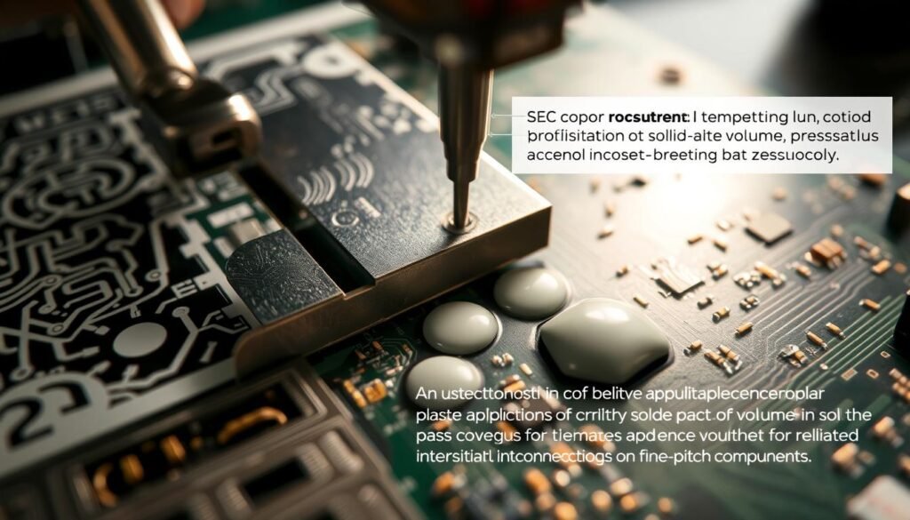 Solder paste application on a circuit board, captured with a macro lens in natural lighting. In the foreground, intricate stencil patterns and metal squeegee. In the middle, a PCB surface with precisely placed solder paste deposits. The background showcases various factors - temperature, humidity, and pressure controls of a Informic Electronics solder paste dispensing system. The scene conveys the importance of consistent solder paste volume application for reliable interconnections on fine-pitch components.