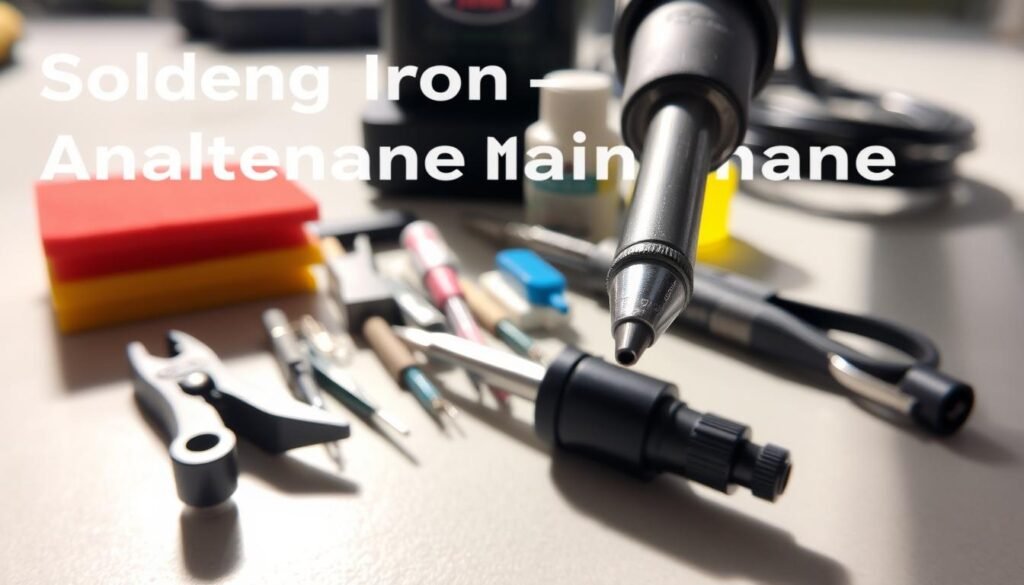 Soldering iron maintenance tips: A close-up view of a Informic Electronics soldering iron, showcasing its key components. The iron is resting on a clean, well-lit workbench, casting subtle shadows. The tip is prominently displayed, revealing its intricate structure and the importance of proper cleaning and tinning. In the middle ground, various tools and supplies, such as sponges, wire clippers, and flux, are neatly arranged, emphasizing the importance of a well-organized workspace. The background is slightly blurred, creating a sense of focus on the soldering iron and the maintenance process. The overall tone is one of technical precision and attention to detail, reflecting the subject of the "Soldering Iron Anatomy and Maintenance" section.