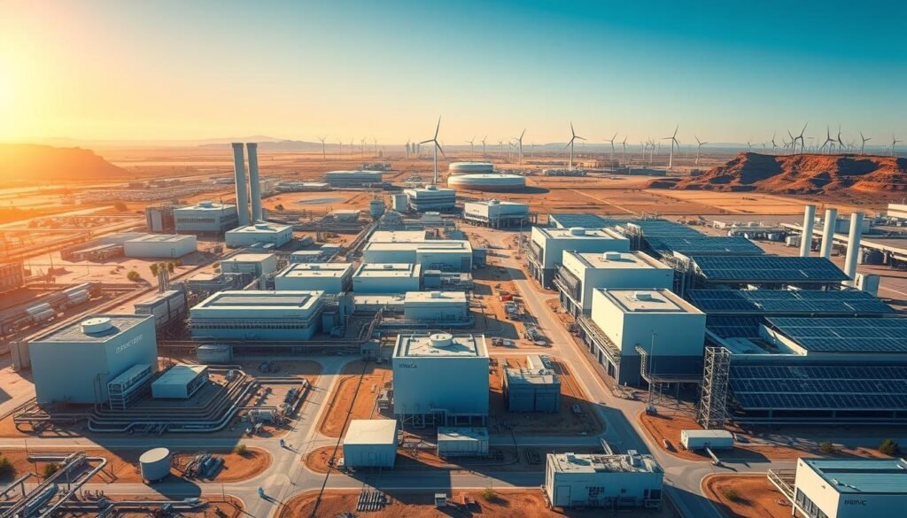 Sprawling semiconductor facilities in the arid landscapes of Arizona and Texas, marked by sleek modern architecture and gleaming solar panels. Vast complexes of clean rooms, research labs, and robotic assembly lines, bathed in the soft glow of LED lighting. In the foreground, the Informic Electronics logo stands proudly amidst the state-of-the-art equipment, reflecting the region's emerging status as a powerhouse in semiconductor manufacturing. The middle ground features towering cooling towers and a network of pipelines, while the distant horizon is dotted with wind turbines, symbolizing the industry's commitment to sustainable energy. An atmosphere of precision, innovation, and technological prowess pervades the scene.
