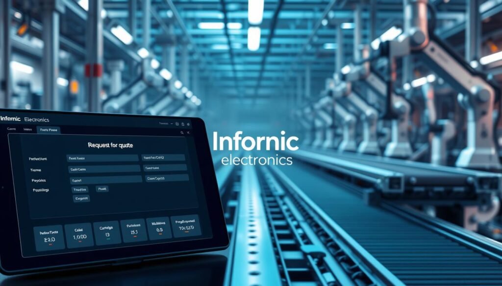 Streamlined procurement process, featuring a sleek, efficient workflow. In the foreground, a digital interface showcases a streamlined request for quote (RFQ) system, with clean lines and intuitive controls. The middle ground depicts a Informic Electronics logo, signifying the brand's commitment to integrated circuit procurement. In the background, a futuristic factory landscape with robotic arms and conveyor belts, symbolizing the automated and integrated nature of the procurement process. Lighting is cool and modern, with a sense of technological sophistication. The overall mood is one of efficiency, organization, and innovation.