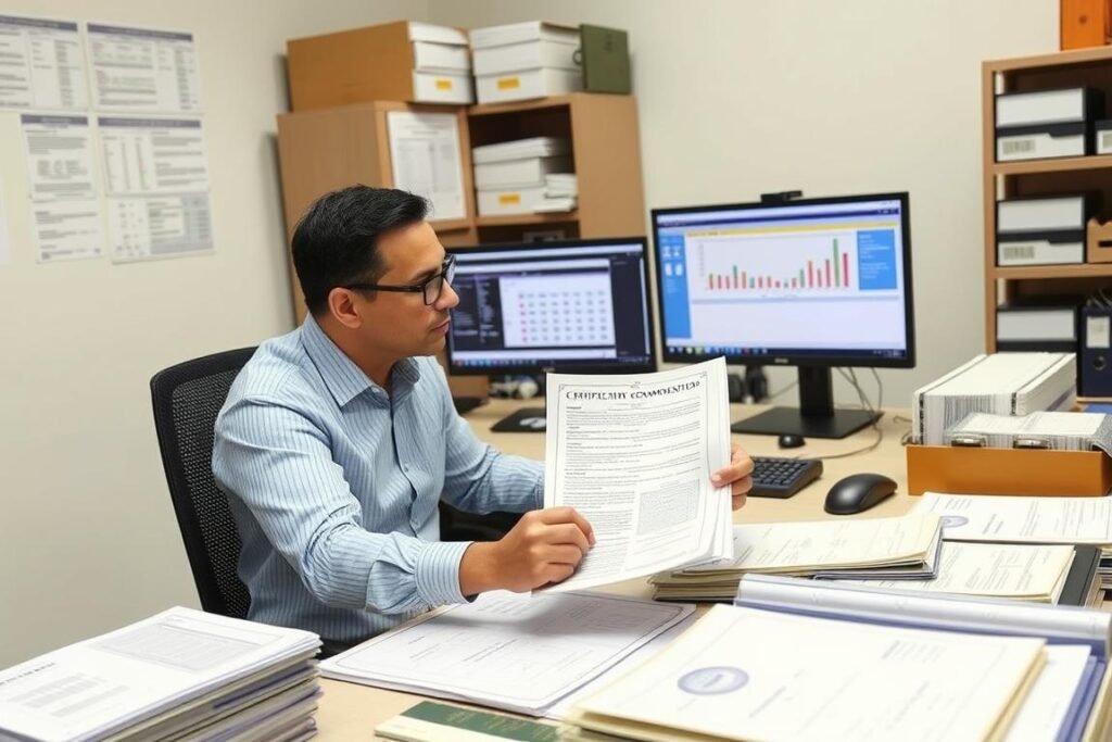 Supply chain manager reviewing electronic component documentation and certificates of compliance