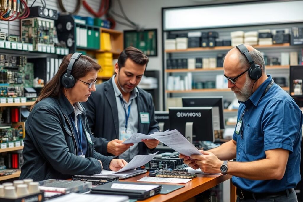 Technical support staff helping a customer at an electronic component shop