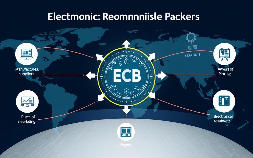 Visual representation of electronic component brokers connecting manufacturers to buyers across a global supply chain network