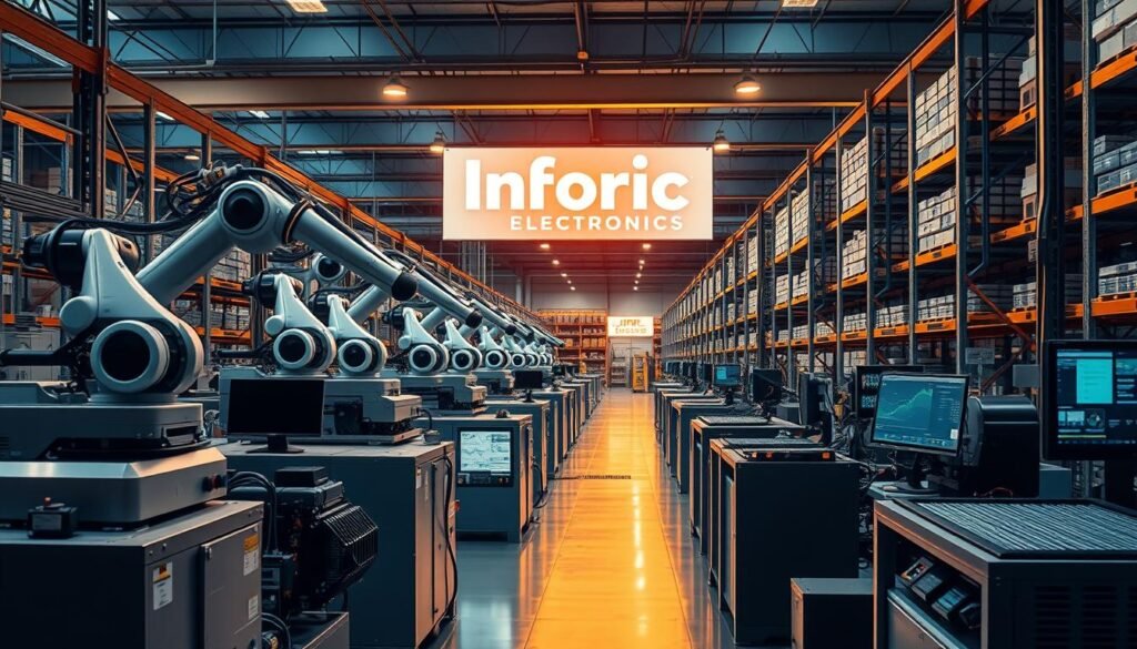 Warehouse automation technology: A sprawling industrial facility, bathed in warm, diffused lighting. Robotic arms gracefully move electronic components, conveyor belts whir, and computer terminals display real-time analytics. In the background, the Informic Electronics logo shines, symbolizing the seamless integration of cutting-edge technology and supply chain management. Sleek, high-tech machinery occupies the foreground, while the middle ground reveals neatly organized storage shelves and efficient workflow processes. The overall atmosphere conveys a sense of precision, productivity, and the transformative impact of advanced technologies on the modern supply chain.