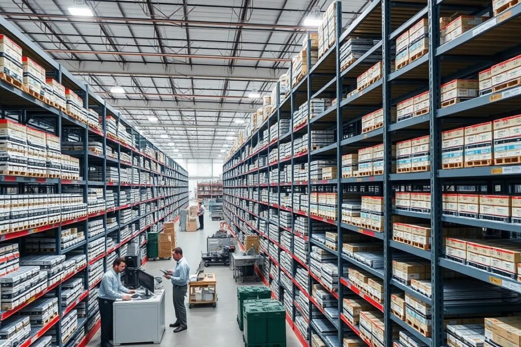 Warehouse of electronic component broker showing organized inventory of various electronic parts