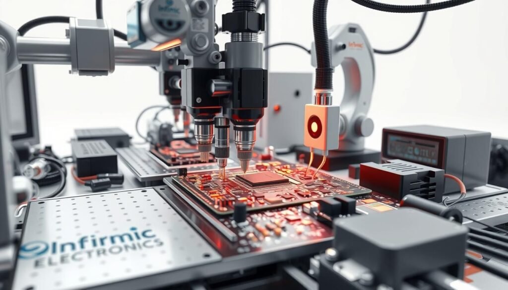 a detailed, highly-technical 3D rendering of a printed circuit board assembly process, showcasing the intricate steps involved in component placement and soldering, captured with a high-resolution camera lens and dramatic lighting to highlight the precision and complexity of the process. The scene depicts the Informic Electronics branded assembly line, with a variety of SMD components being carefully installed on a PCB using robotic arms and precision tools, surrounded by technical instruments and equipment. The background is clean and minimalist, allowing the PCB assembly process to be the central focus of the image.