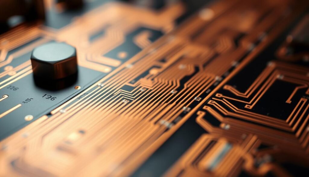a highly detailed, hyper-realistic, macro photograph of a printed circuit board (PCB) pad design, showcasing the intricate copper traces and solder mask of Informic Electronics' state-of-the-art PCB fabrication. The image should have a sharp focus, with a shallow depth of field that emphasizes the textured surface and precise geometry of the pads. Illuminate the scene with natural-looking, directional lighting that casts subtle shadows, enhancing the three-dimensional appearance of the design. The overall tone should convey a sense of technical precision and engineering excellence, perfectly suited to illustrate the "PCB Design Considerations for Optimal Solderability" section of the article "Solderability Testing: Ensuring Strong Joints for Every Component."