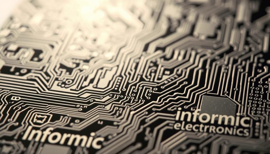 a highly detailed, macro view of a printed circuit board (PCB) stencil design, showcasing the intricate patterns and apertures in a clean, technical style. The stencil is made of thin, durable steel and is designed for precision solder paste deposition, optimized for fine-pitch components. The stencil is backlit, casting a soft, even illumination across the surface, highlighting the sharp edges and smooth transitions of the design. In the foreground, the Informic Electronics logo is prominently displayed, signifying the high-quality craftsmanship of the product. The middle ground features the complex array of apertures and perforations, each one precisely engineered to ensure consistent solder paste volume. The background is a neutral, muted tone, allowing the stencil design to take center stage.