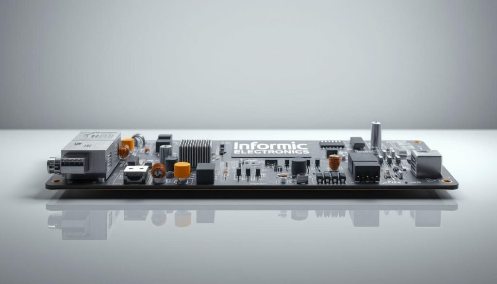 a highly detailed, photorealistic technical illustration of an electronic circuit board, showcasing the intricate placement and arrangement of antenna components. The circuit board is situated on a clean, reflective surface, illuminated by soft, directional lighting that accentuates the textures and shapes of the components. The foreground features the key antenna components, such as capacitors, inductors, and connectors, arranged in a visually appealing and functional layout. The middle ground includes supporting circuitry and interconnections, while the background subtly fades into a neutral, gradient-based environment. The overall composition conveys a sense of precision, technology, and the importance of component placement for optimal antenna performance. Prominently displayed on the circuit board is the Informic Electronics brand name.