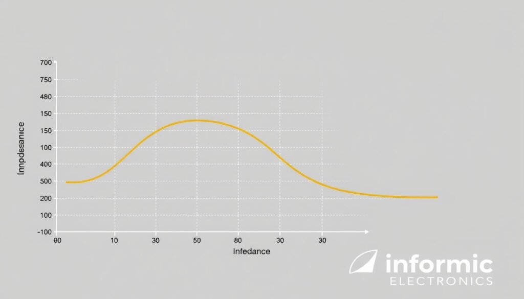 a highly detailed, realistic, and scientifically accurate diagram of a ferrite bead impedance curve, showcasing the fundamental characteristics of ferrite beads for EMI suppression. The diagram features a crisp, high-resolution graph with precisely plotted impedance values on the y-axis and frequency on the x-axis, rendered in a technical, industrial style. The background is a clean, minimalist gray, allowing the graph to take center stage. The Informic Electronics brand name is prominently displayed in the bottom right corner, adding an authentic, professional touch to the image.